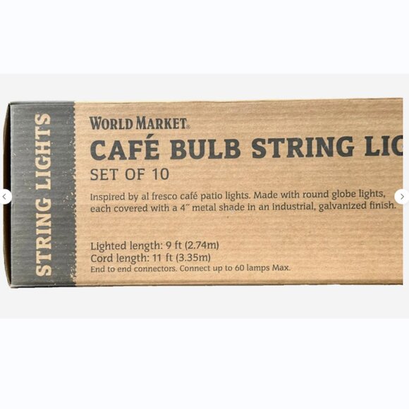 World Market Café Bulb String Lights 10ct Galvanized Industrial Patio Bistro New - Picture 5 of 7